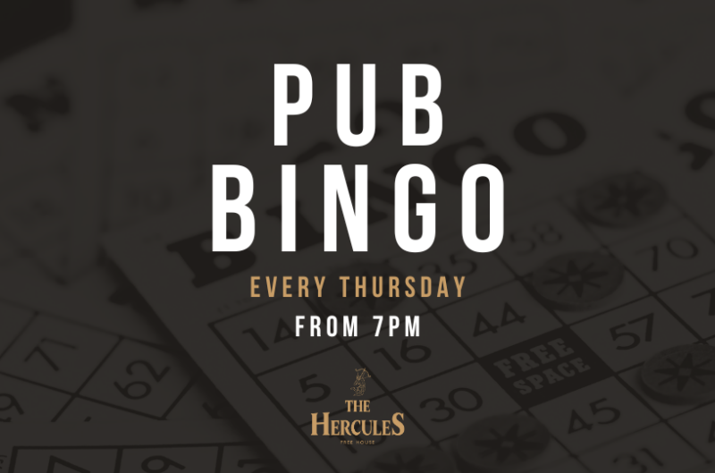 Graphic Depicting excitement in the air at The Hercules as patrons enjoy a lively game of Pub Bingo every Thursday night – a perfect blend of great craic and the chance to win cash prizes.